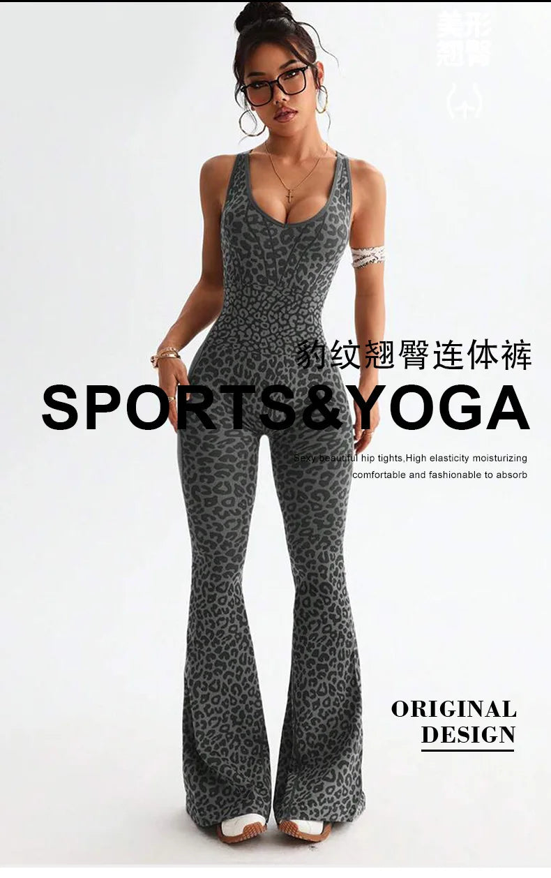 New Leopard Print Bodysuit Women Seamless Flared Pants Jumpsuits Sexy One-piece Fitness Suit Cross Back Stretchy Yoga Jumpsuits