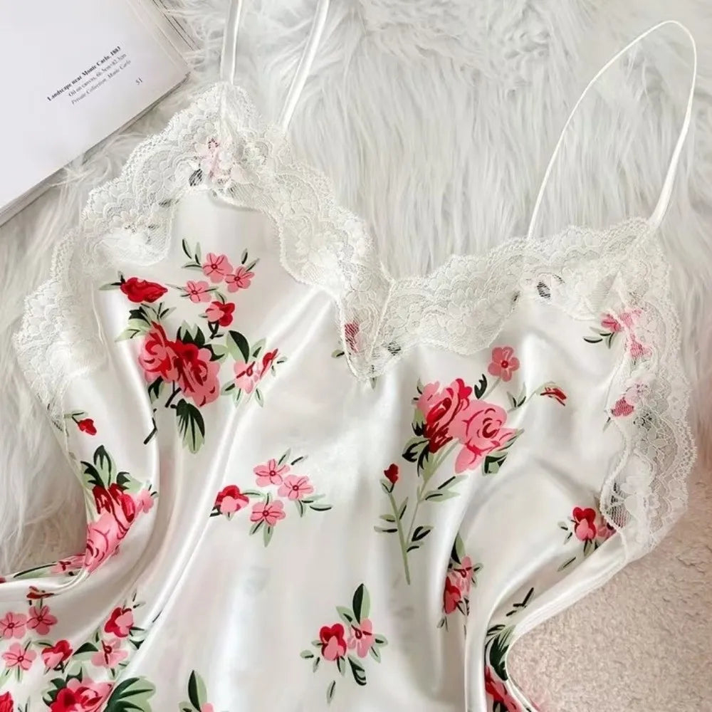 Satin Ice Silk Women's Printed Pajamas Set Lace-Trimmed V-Neck Floral Printed Ice Silk Suspender Sleepwear Sleeveless