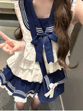 2025 Spring Preppy Style Sweet Elegant 2 Piece Sets Women Sailor Collar Y2k Design Mini Skirt Suits Female Bow Lace Chic Outfits