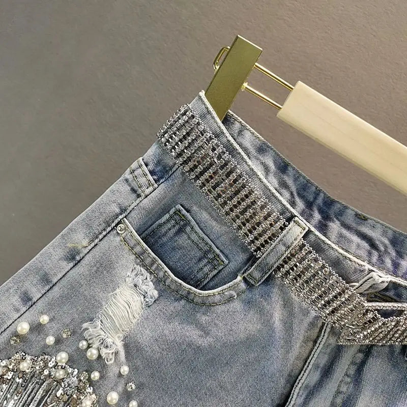 Denim Shorts Women's 2025 Summer Clothes New European High Waist Thin Heavy Industry Beaded Sequined Fringed Broken Copper Jeans