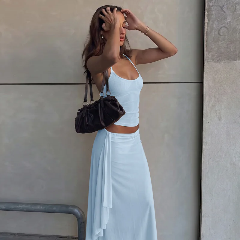 Hugcitar Fashion 2 Pcs Sets Halter Solid Backless Lace Up Sexy Crop Tank Top Ruched Maxi Skirt Women Outfit Beach Vacation Sport