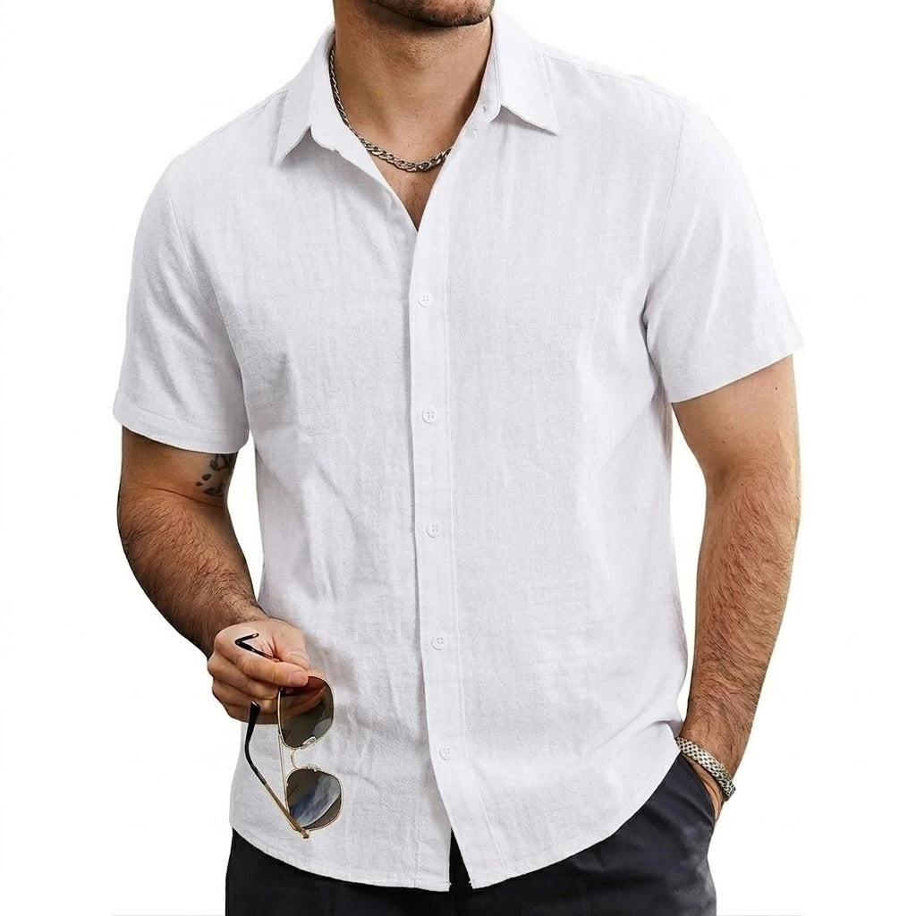 Summer Cotton Linen Shirts Men Short Sleeve T-Shirts Solid Color Button Tshirts Casual Beach Plus Size Hawaiian Shirt Thin Tops
