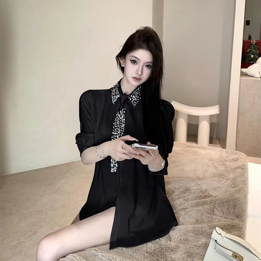 Women's White Shirt Spring Autumn Crystal Beading With Necktie Chiffon Shirt Female Blouses Ladies Tops Women Clothing 2025