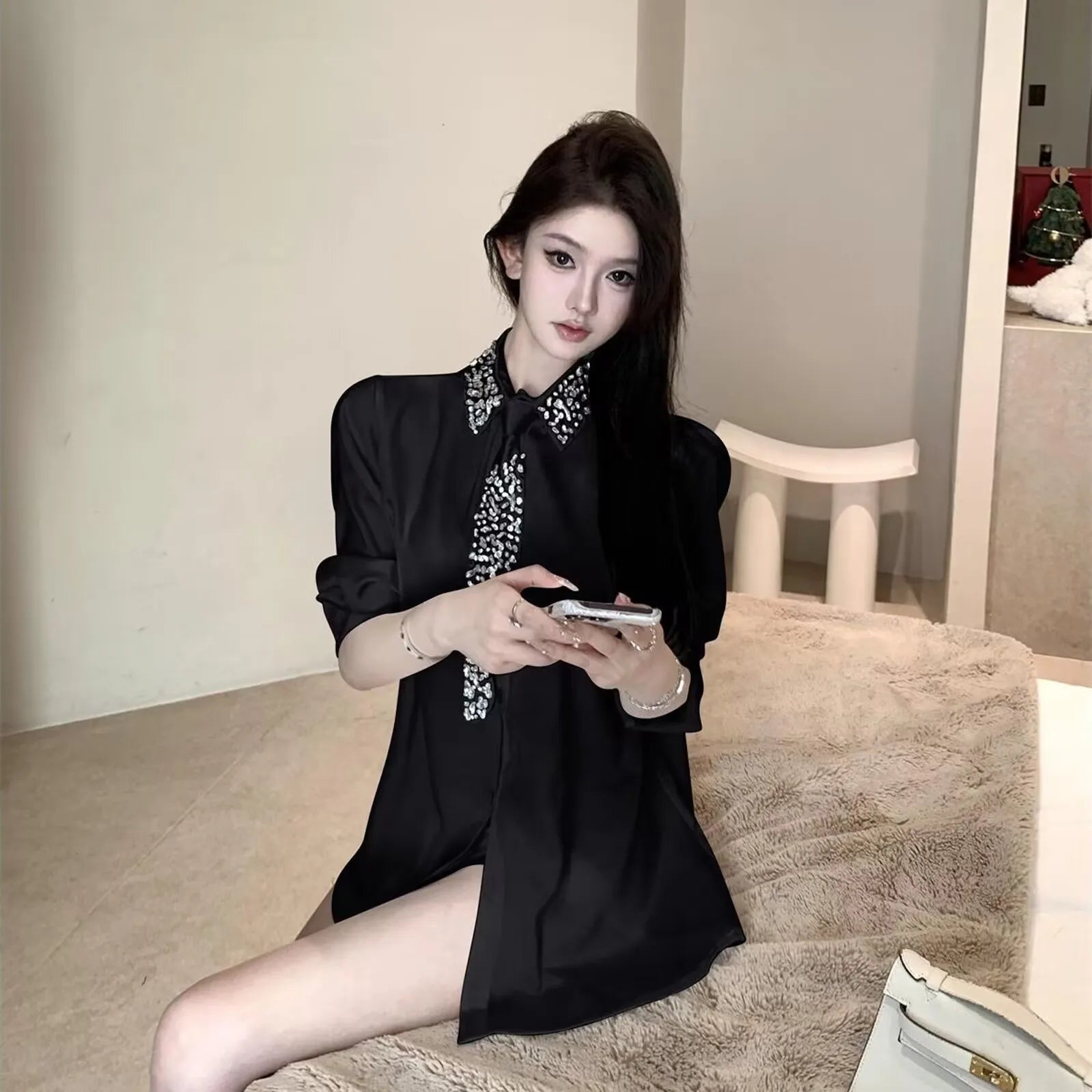 Women's White Shirt Spring Autumn Crystal Beading With Necktie Chiffon Shirt Female Blouses Ladies Tops Women Clothing 2025