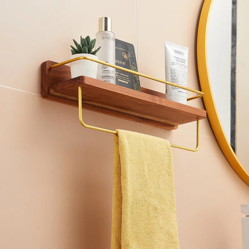 Brushed Gold Solid Wood Bathroom Shelf Wall Mounted Bathroom Storage Rack Towel Rack Bath Shower Shelf Bathroom Shelves