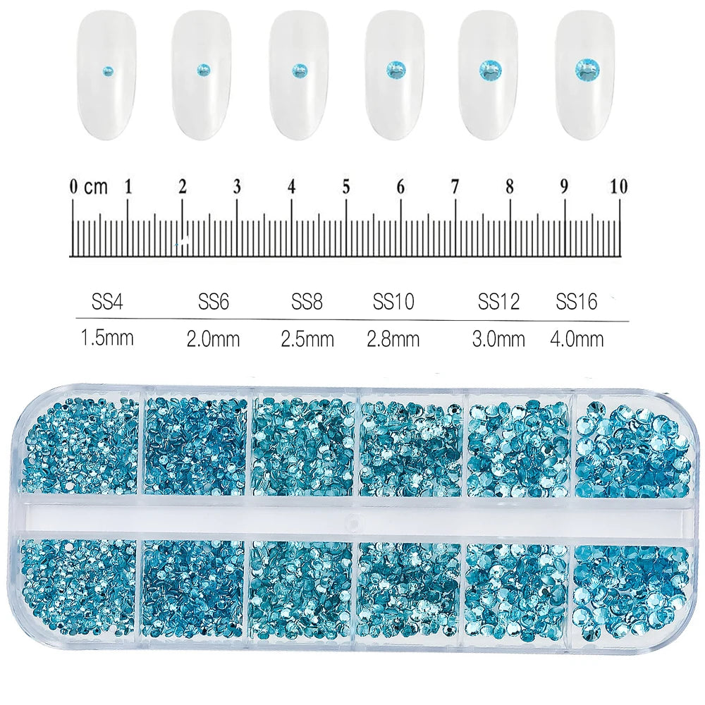 12Grid/1500PCS Shiny Crystal Nail Art Rhinestones SS4-16 Silver 3D Flatback Semicircler Nail Charms Gemstones for DIY Decoration