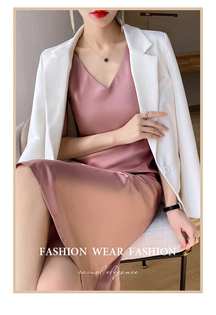 LHZSYY Silk Satin Front/Back V-neck Sling Dress Women's Sleeveless Waistcoat Top Spring Summer New Mulberry Silk Hip Long Skirts