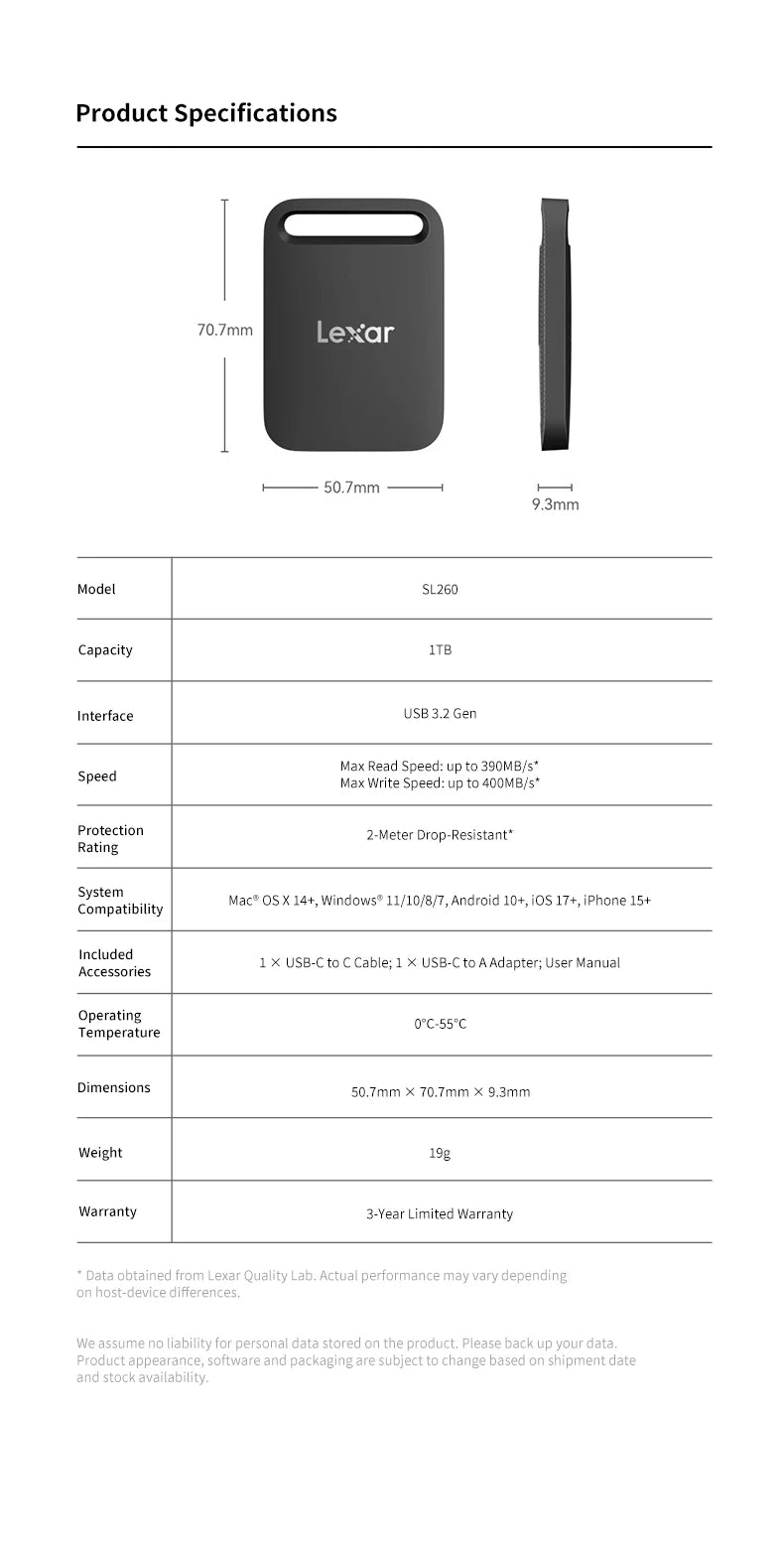 Lexar Portable SSD USB 3.2 Type-C Solid State Drive SL260 PSSD 512GB 1TB External Hard Drive for iPhone 17 Smartphone Tablet PC