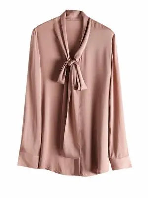 SuyaDream Women's Silk Blouse Long Sleeve Bow Collar Office Chic Solid Color Shirt 93% Silk 7% Spandex Spring 2025