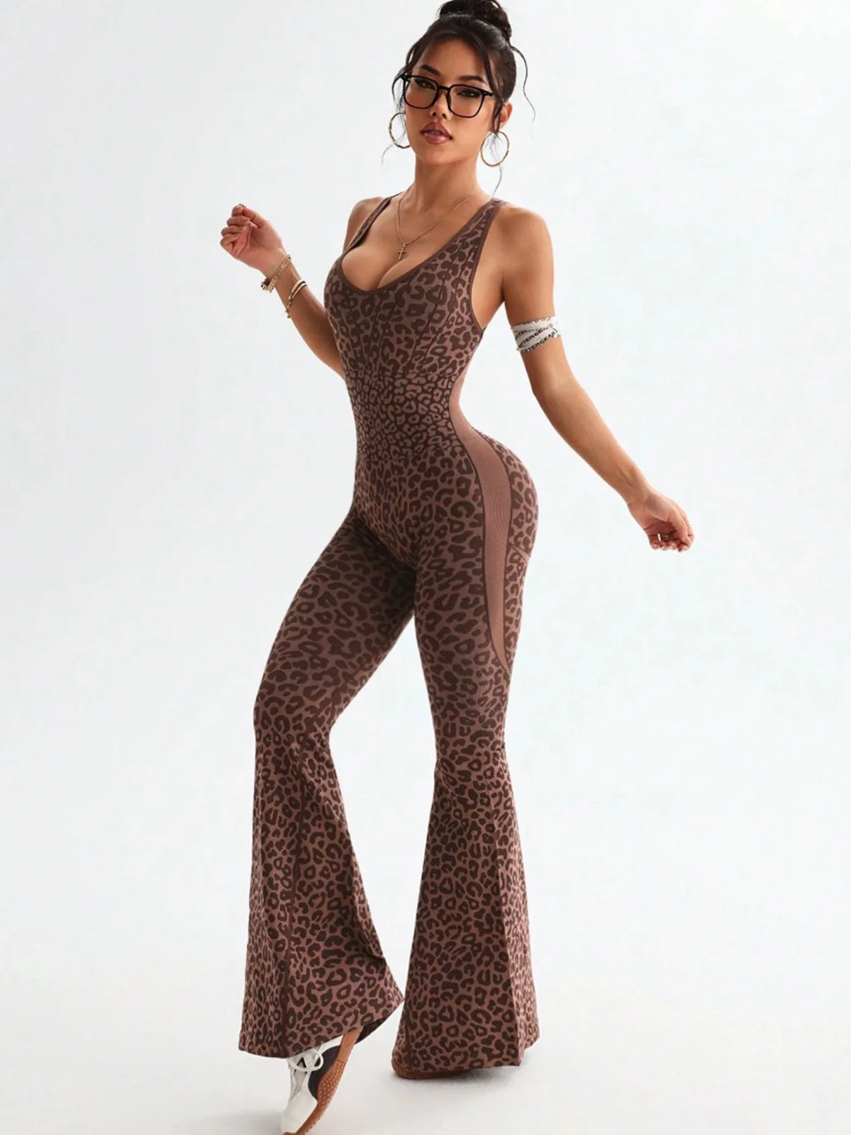 New Leopard Print Bodysuit Women Seamless Flared Pants Jumpsuits Sexy One-piece Fitness Suit Cross Back Stretchy Yoga Jumpsuits