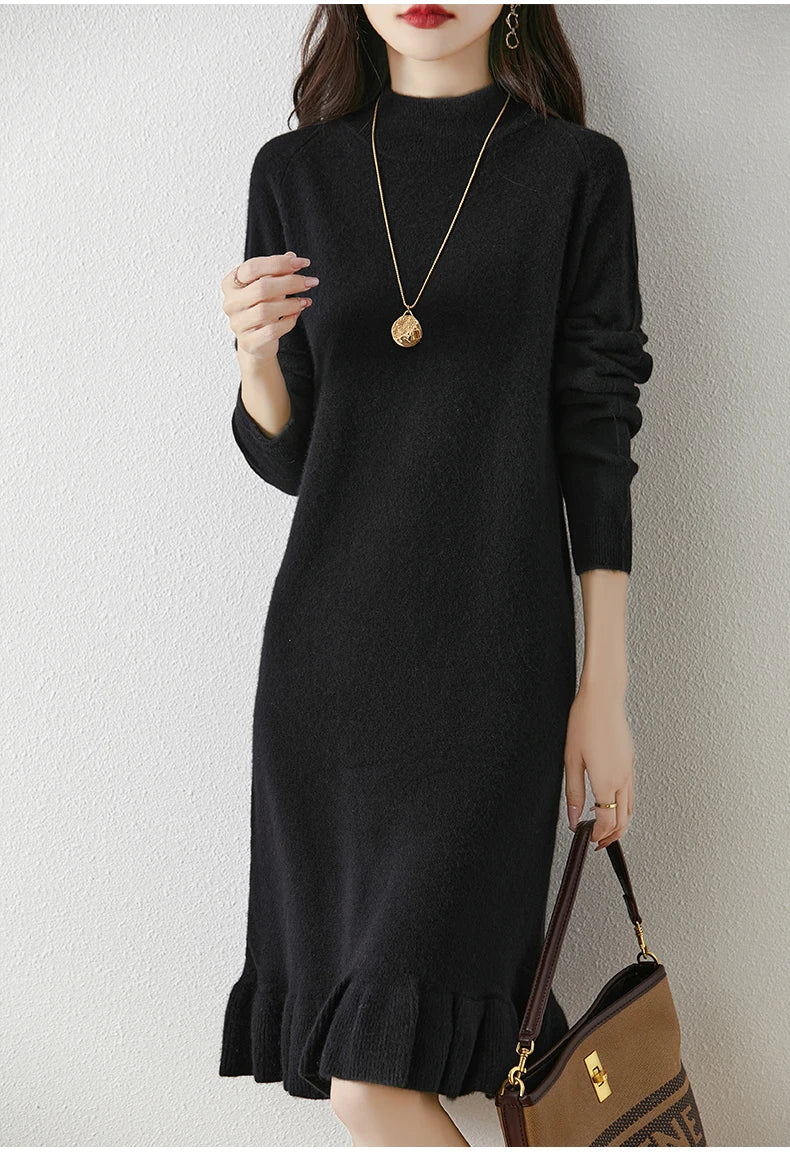 Women's Pure Wool Knitted Dress, High Collar, Pleated, Casual, Fashionable, Warm, 2024 Autumn And Winter