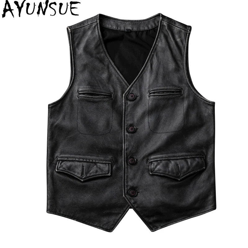 AYUNSUE Genuine Leather Jackets Mens Clothing Retro Cowhide Vest Black Jacket Fashion Short Vests Jaqueta De Couro Masculino