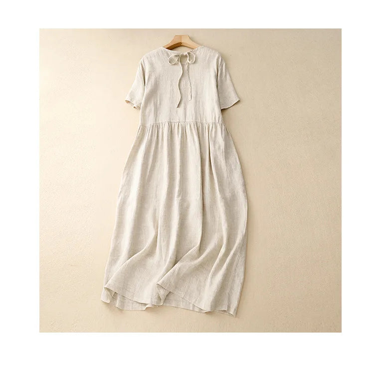 Summer Cotton Linen Blended Thin And Breathable Dress Women Literary Big Swing Short Sleeve Solid Loose Casual Female Dresses
