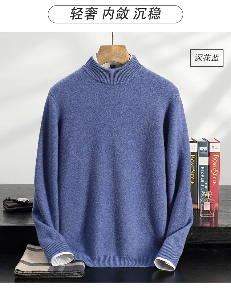 Autumn/Winter Men's 100% Cashmere Pullover Business Casual Solid Knitted Sweater Loose Half High Neck Tops Thick Warm Jumper