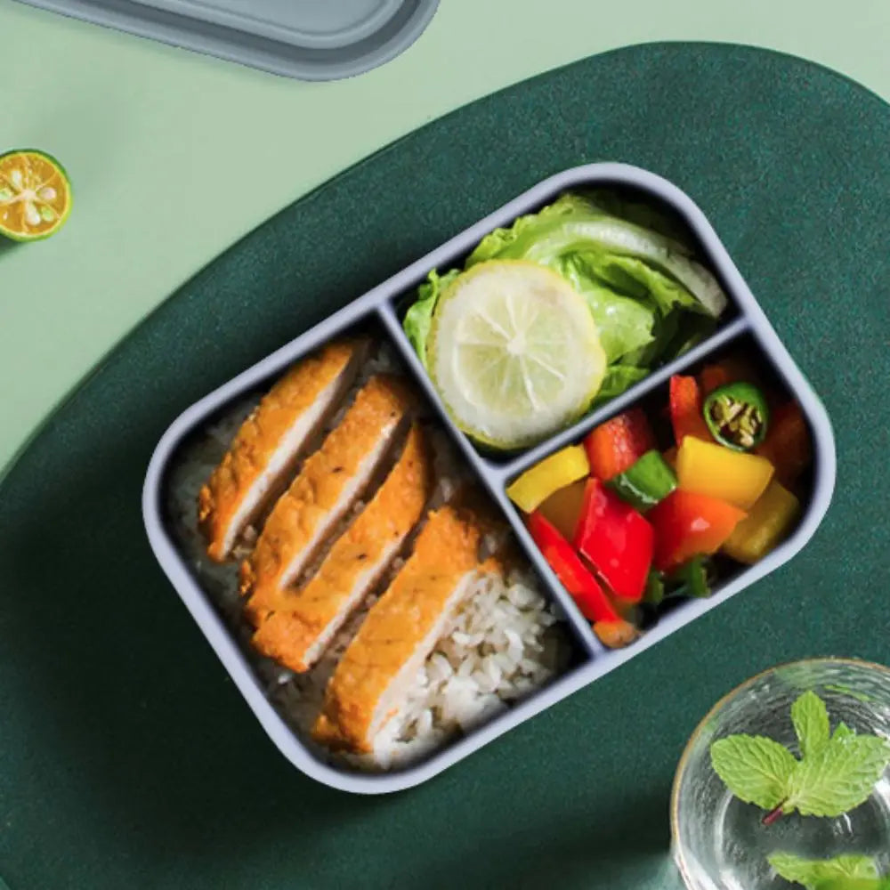 3 Compartments Silicone Lunch Box Rectangular Heat Resistant Food Container Microwavable Lunch Container School