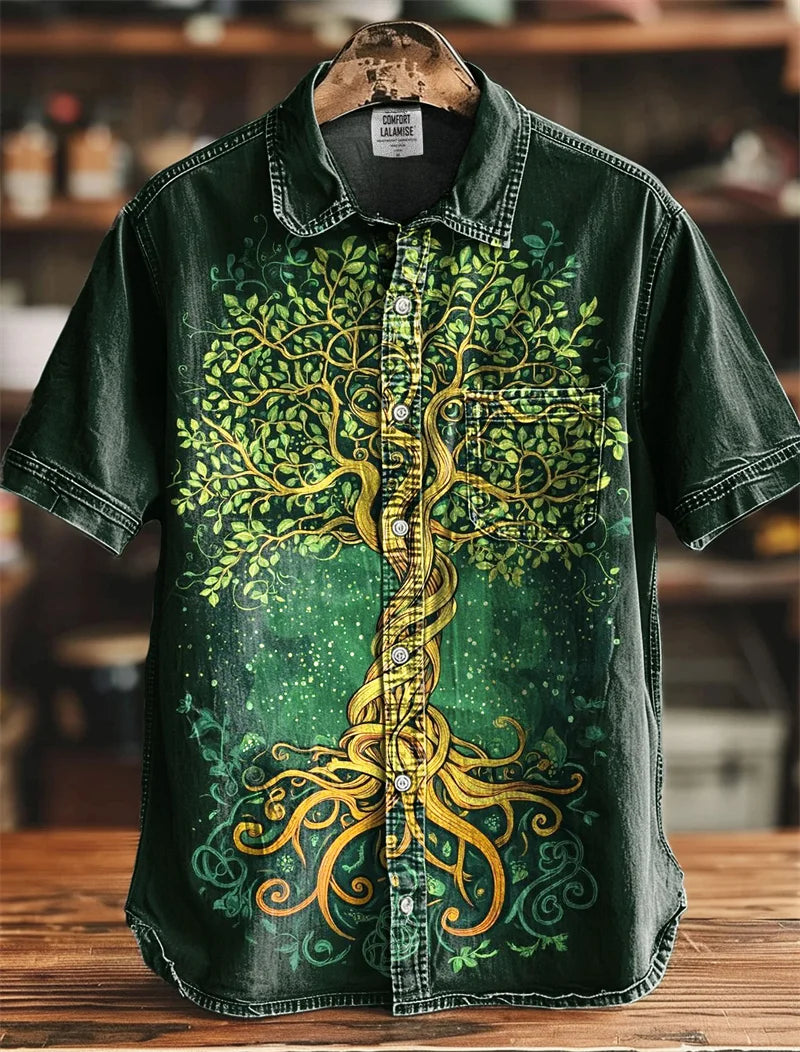 Men's Linen Shirt Vintage Short Sleeve Fashion World Tree Top Summer Casual Ethnic Costume Shirt Men's Street Shirt
