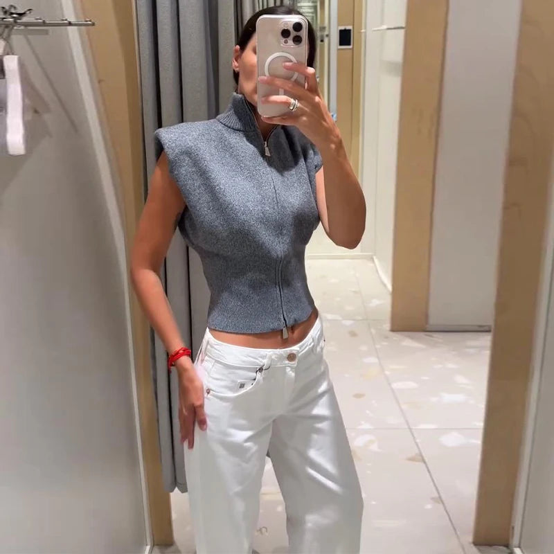 Sleeveless Padded Shoulder Women's Knitted Vest Half Turtleneck Double Zipper Cropped Slim Solid Knit Cardigan Street New Tops