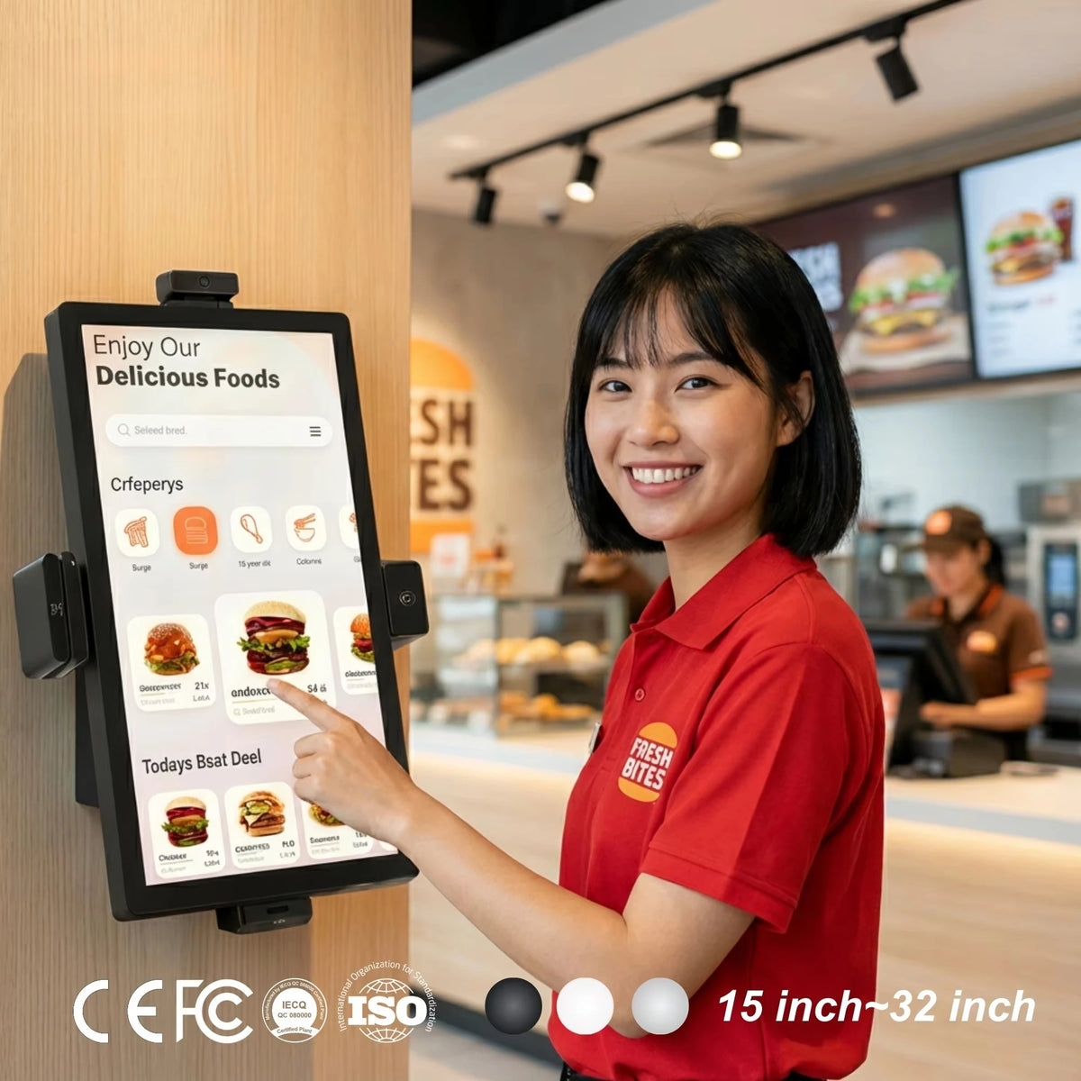 15 Inch Wall Mount Payment Kiosks Burger Shop POE Power Supply QR Code Scanner Android OS