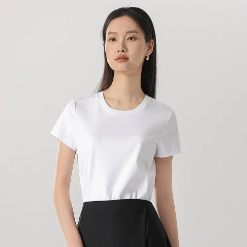 Birdtree 7%  Silk 62% Cotton Solid Female Tshirt,Woman O-neck Short Sleeve Fit Shirt,2025 Spring Summer New T57615JF