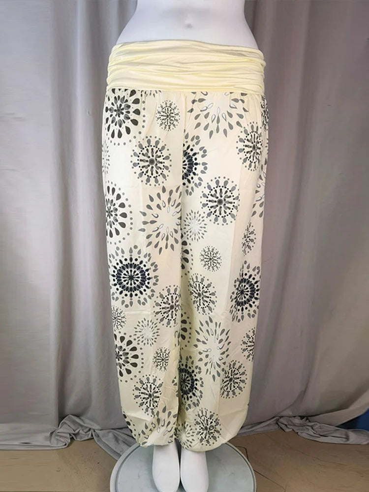 Women's Pants Floral Printed Patchwork Pleaded Harem Pants Bohemian Female High Waist Wide Leg Trousers Casual Ladies Streetwear