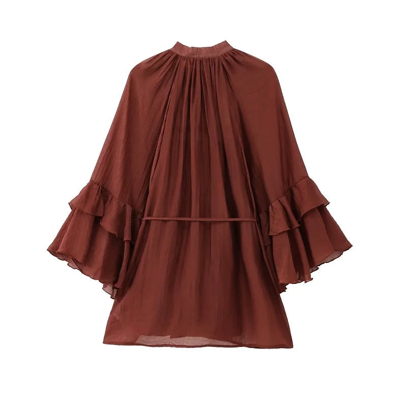 MUJER Ruffle Short Dresses for Women Fairy Ruched Mini Dress Women Spring Semi Sheer Womens Dresses Loose Party Women's Dress