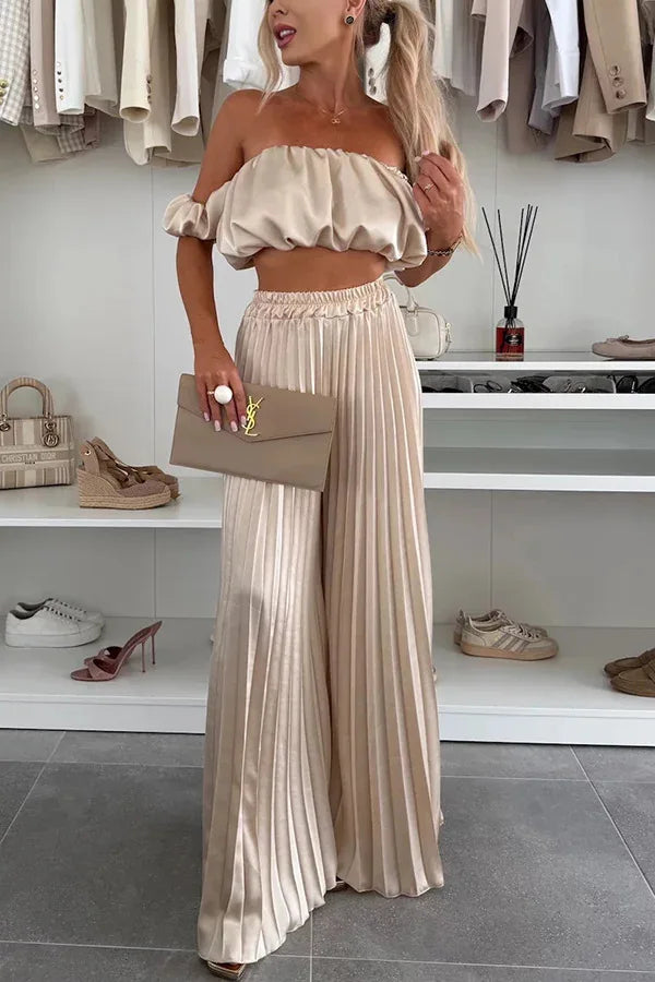 2026 Summer Women Sets Sexy Off-shoulder Sleeveless Short Tops+ Wide Leg Pants 2 Piece Sets Fashion Party Casual Trousers Outfit
