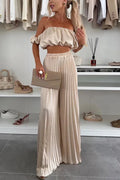 2026 Summer Women Sets Sexy Off-shoulder Sleeveless Short Tops+ Wide Leg Pants 2 Piece Sets Fashion Party Casual Trousers Outfit