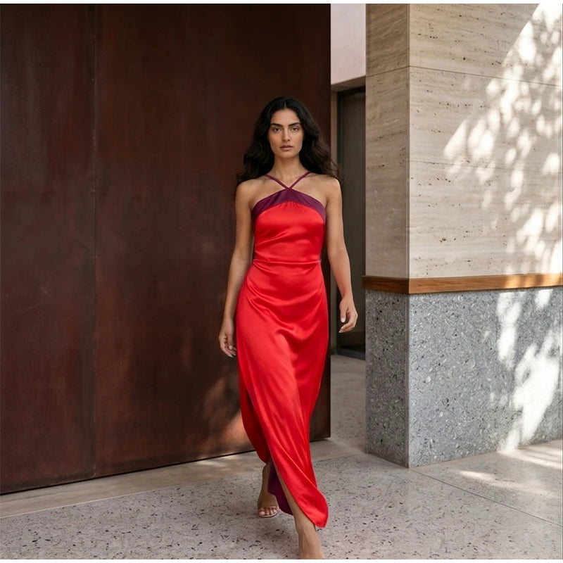  Women Sexy Color Blocking Halter Maxi Dresses Elegant Backless Off shoulder Sleeveless Slim Gowns 2026 New Lady Party Vestidos