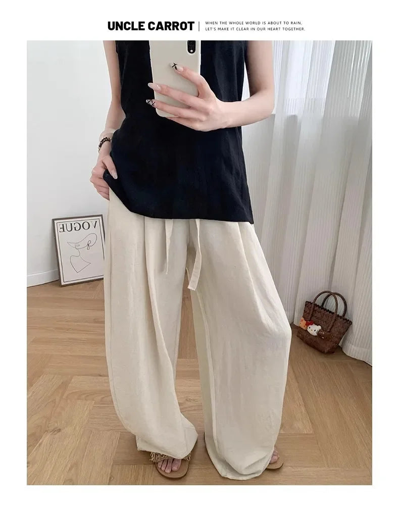 Loose Casual Cotton Linen Trousers Women Full Length Drawstring Women's Wide-leg Pants Summer Thin Linen Navy Blue Baggy Pants