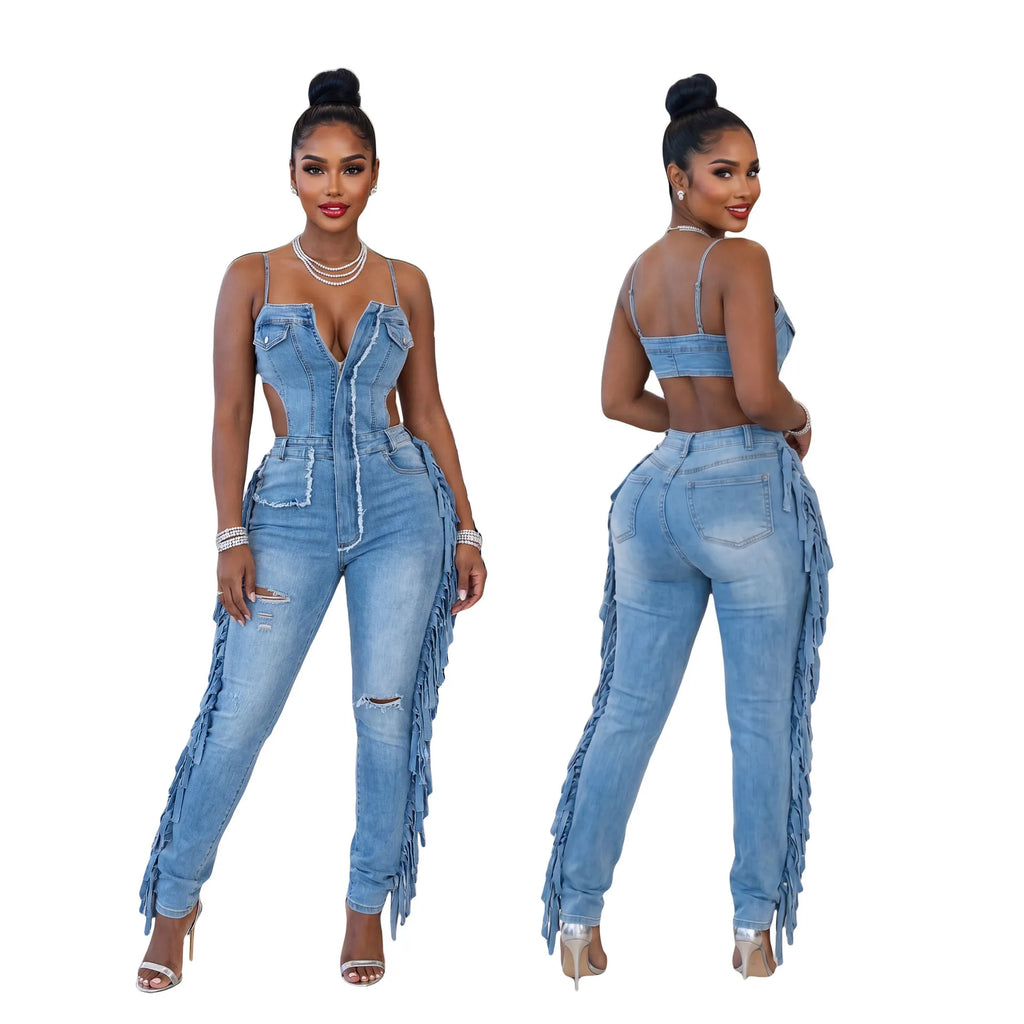 FAGADOER Fashion Fringed Bodycon Denim Jumpsuits Women Sexy Spaghetti Strap Hollow Out Zipper Pocket Patchwork Romper Streetwear