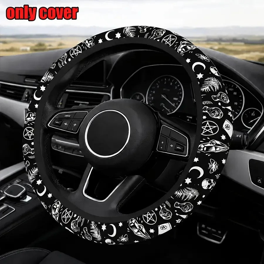 [Anti-Slip Car Protector] 15 Inch Universal Skull And Moon Steering Wheel Cover 1pc All-Season Anti-Slip Durable Car Protector,