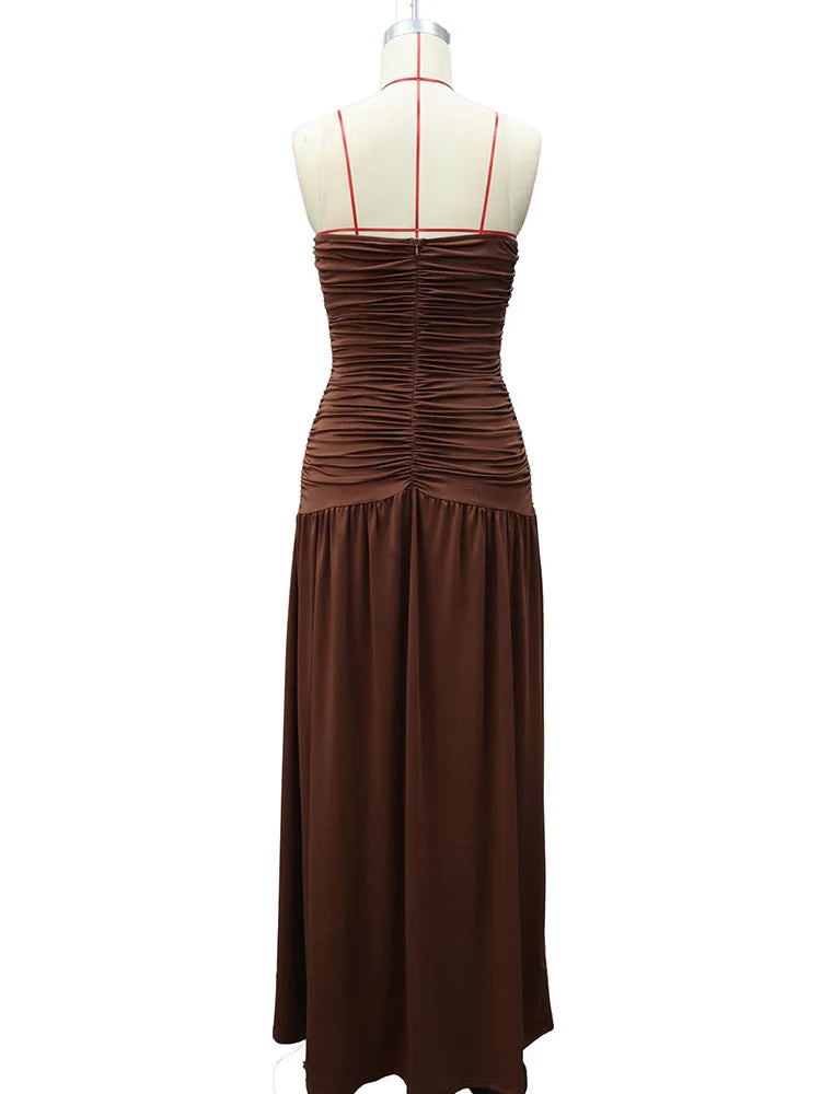 Rinabe Deep V Neck Strapless Maxi Dress Chic Solid Off-shoulder Backless Split Elegant Evening Dress Women Chic Slim Dresses