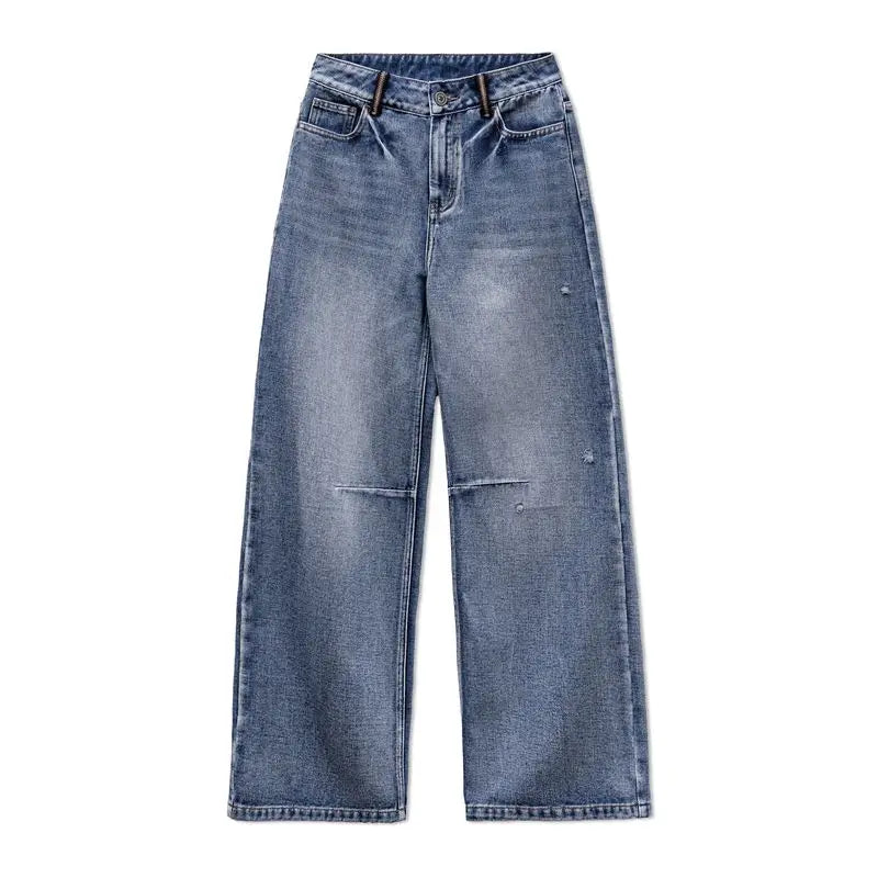 Maden Women's Vintage Low Waist Denim Jeans Heavyweight Washed Casual Long Pants with YKK Zipper for Spring and Autumn