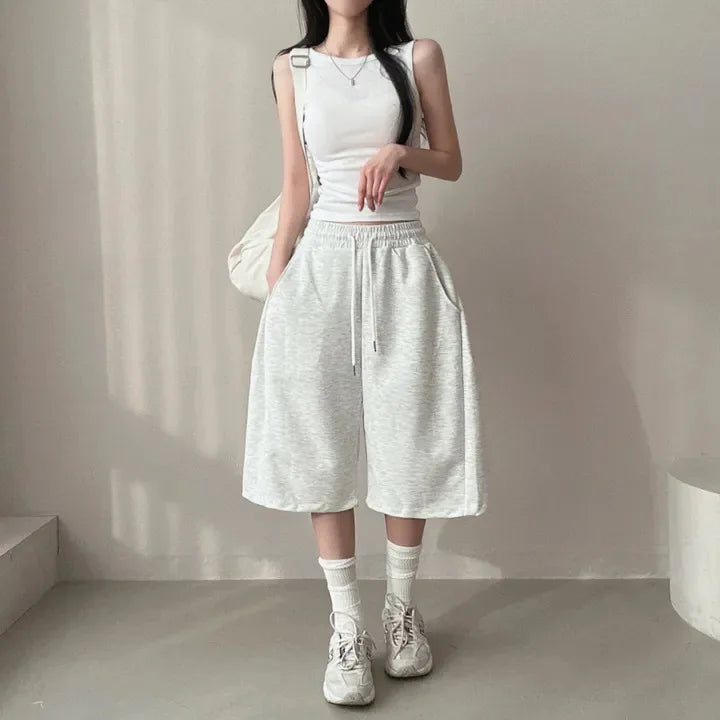 Summer Drawstring Wide Leg Shorts Women Fitness Running Loose Casual Large Sports Shorts Sweat Short High Elastic Lace Up Pants