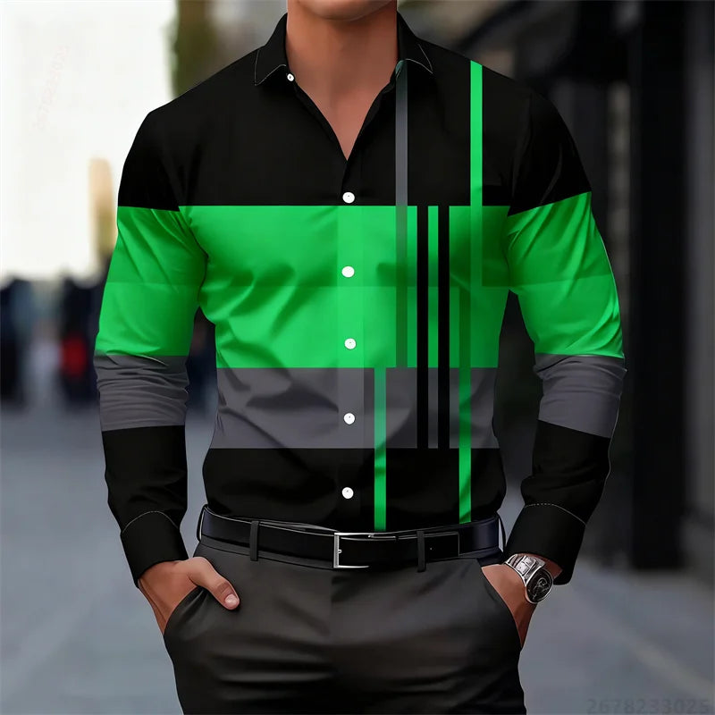Men's color-blocked striped patchwork long-sleeved shirt, unique geometric pattern slim fit shirt, stylish men's top, XS-6XL.