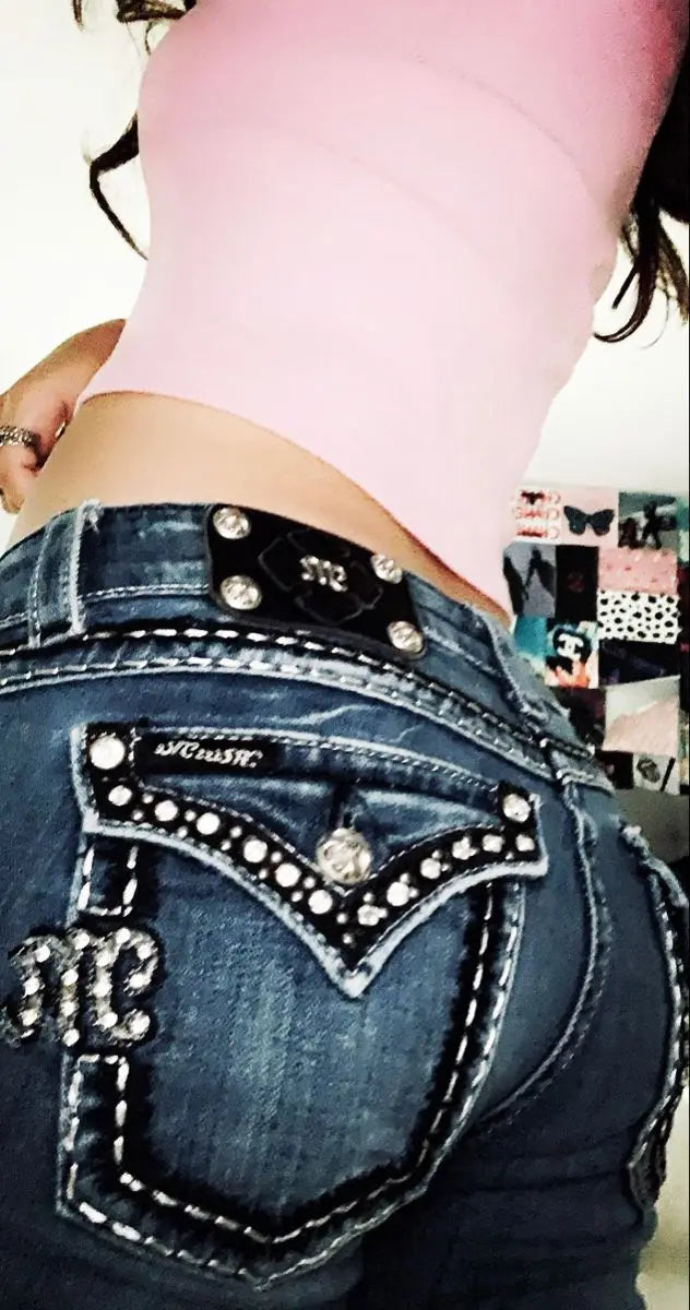 Gothic Womens Diamond Embroidery Jeans Vintage Low Rise Flared Jeans Women Retro Y2k Baggy Denim Pants High Streetwear Trousers