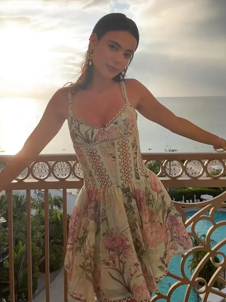 Sexy Printed Women's Dress V-neck Lace Hollow Out A-line Spaghetti Strap Pleated Lady Dresses 2026 Summer Chic Female Party Robe