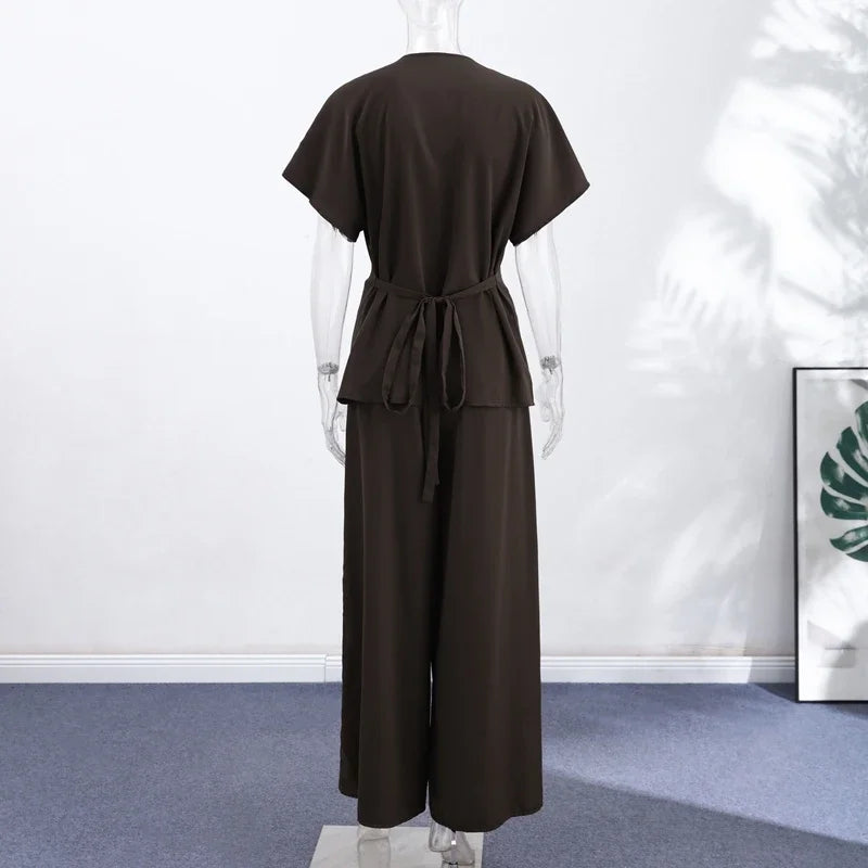 Elegant Button Top Pants Set Women Slim V-neck Short Sleeve One Button Tops High Waist Wide Leg Pant Two Piece Sets 2026 Summer