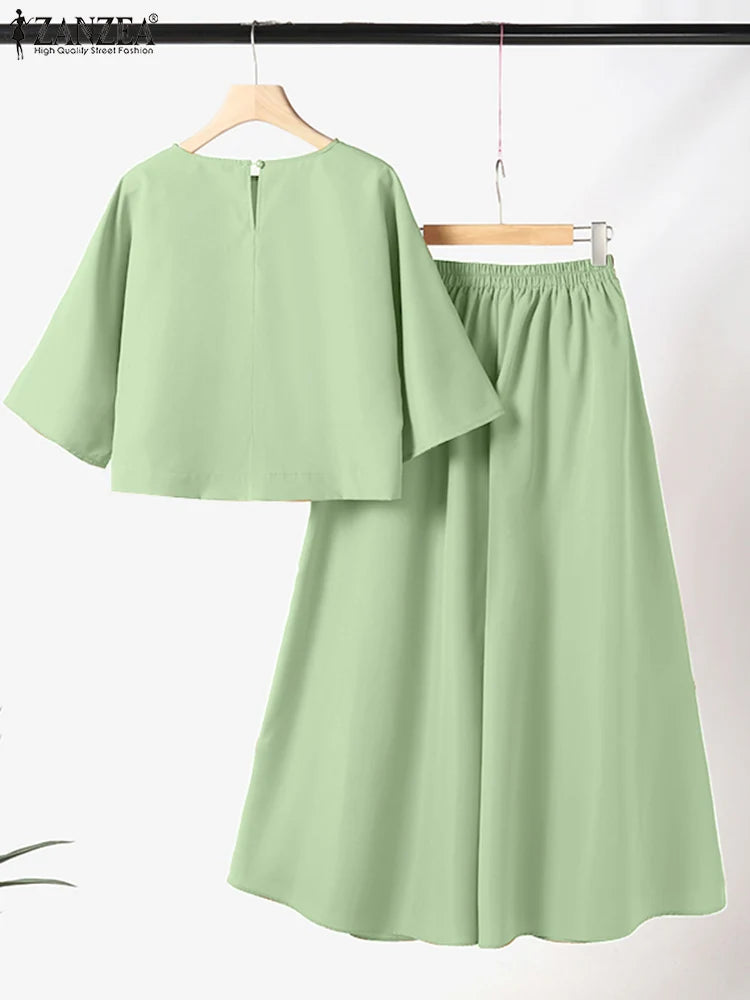 ZANZEA Women Causal 2PCS Pant Sets Loose 3/4 Sleeve Tops Wide Leg Pants 2-Pieces Outfits Solid Color Fashion Commute Tracksuits