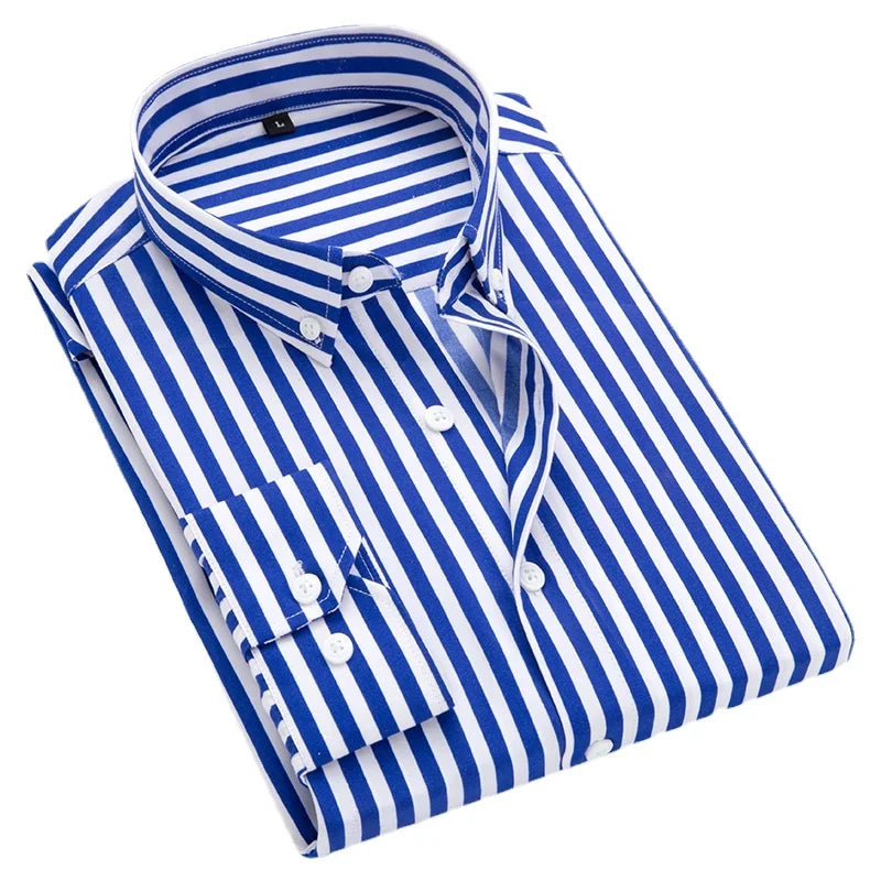 Men's Striped Shirt, Single-breasted Long-sleeved Shirts Autumn New Men Top Red Blue Black Slim Version Male Chemise Asian Size