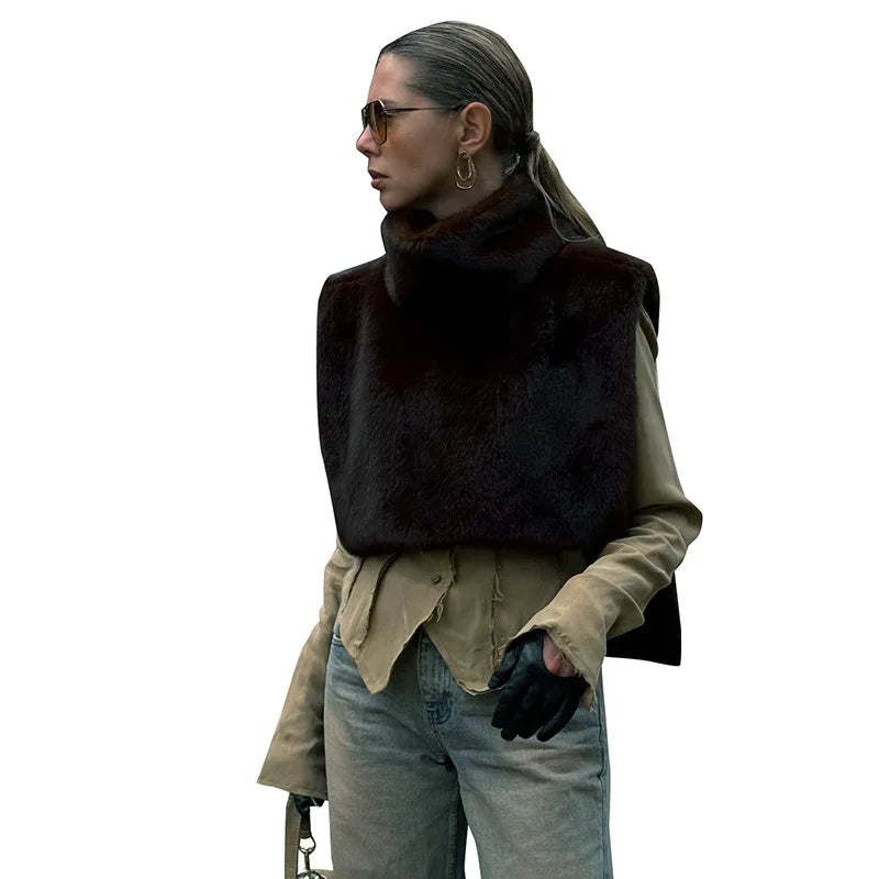 Solid Color Half Turtleneck Furry Sleeveless Top Patchwork Short Section Pullover Top 2025 Fall Woman'S Clothing Street