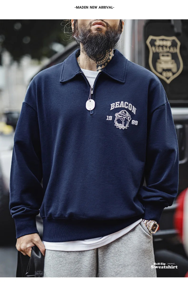 Maden Vintage Men's Long Sleeve Embroidered Sweatshirt with Letters Half-open Front Casual Hoodie Turned-up Collar for Spring