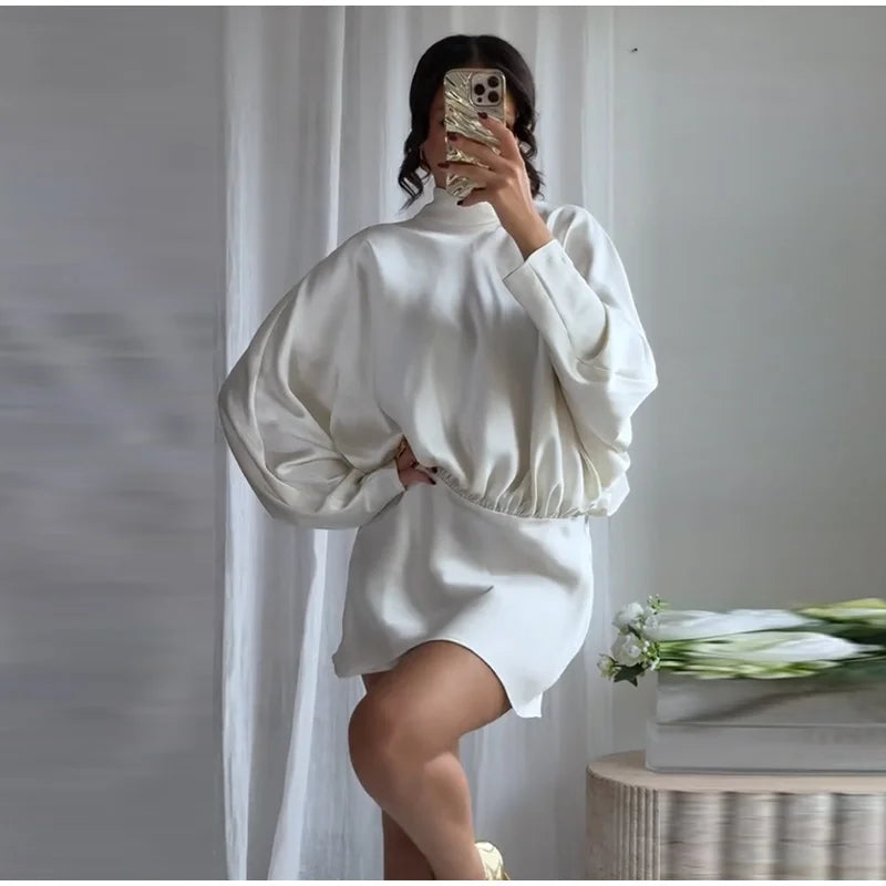 Elegant Satin Mini Dress For Women Fashion Scarf Collar Batwing Sleeve Waist Dress Lady 2025 Autumn Chic Party Evening Vestidos