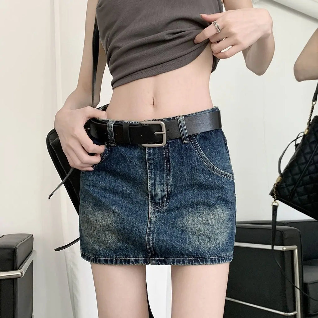 Retro Faded Denim Mini Skirt Women's Small Size Summer New High Waist Loose Fit Anti Exposure Skirt Cotton Denim Half Body Skirt
