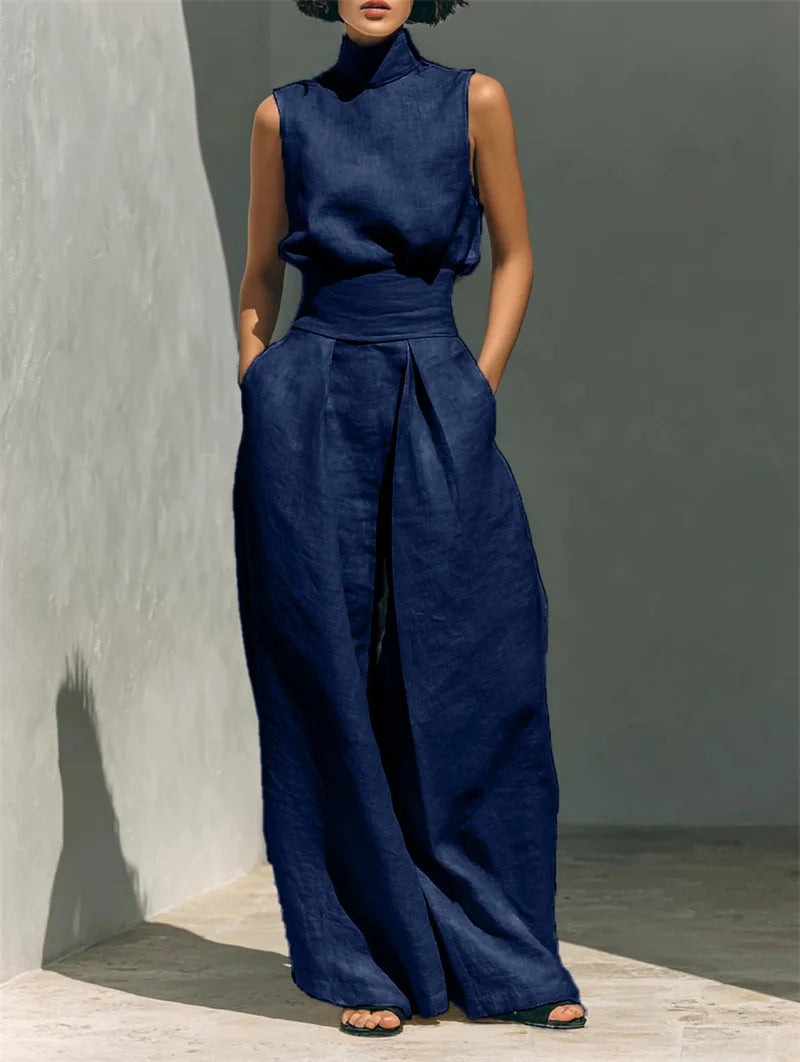 Women Summer Fashion Casual Loose Solid Suit Cotton Linen Set Sleeveless Tops Wide Leg Pants Office Ladies 2 Piece Sets 2026