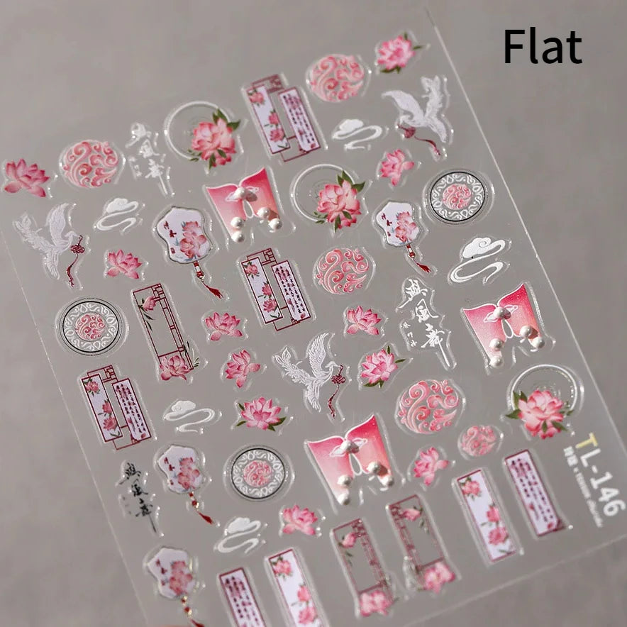 Elegant Chinese Charm Shiny Nine-tailed Fox Mask Red Equinox Flowers Tragedy Love Soft Reliefs Nail Art Stickers Manicure Decals