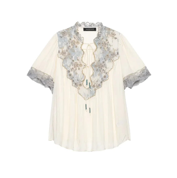 Floral Stamp Lace Patchwork Blouse Ruffle Neck Tie Front Puff Short Sleeve Loose Boho Shirt Women's Casual Vacation Top 2026 New