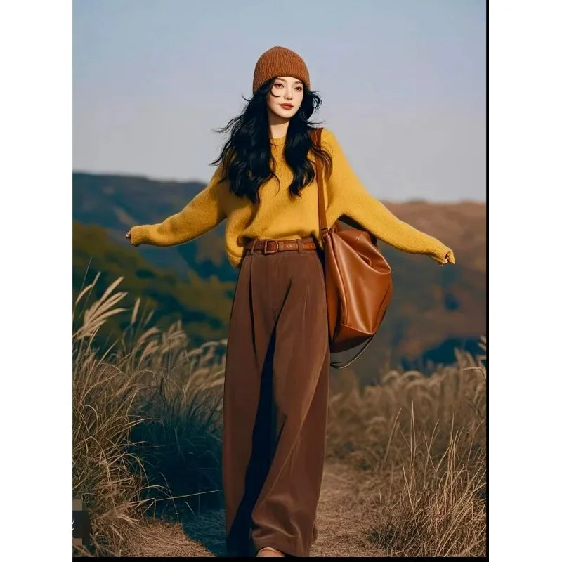 Loose and Lazy Elastic Waist Slimming Wide-leg Casual Pants, Trendy and Versatile Autumn Wide-leg Pants for Short Women