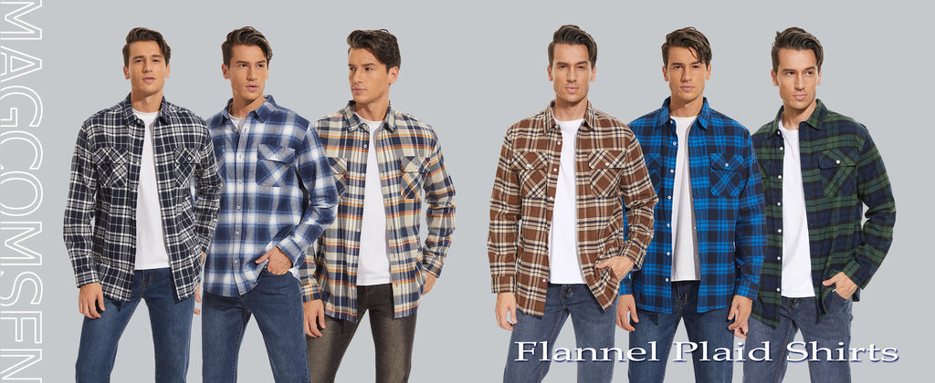MAGCOMSEN Autumn Windproof Men's Flannel Shirt Warm Long Sleeve Casual Plaid Shirts with Two Chest Pockets
