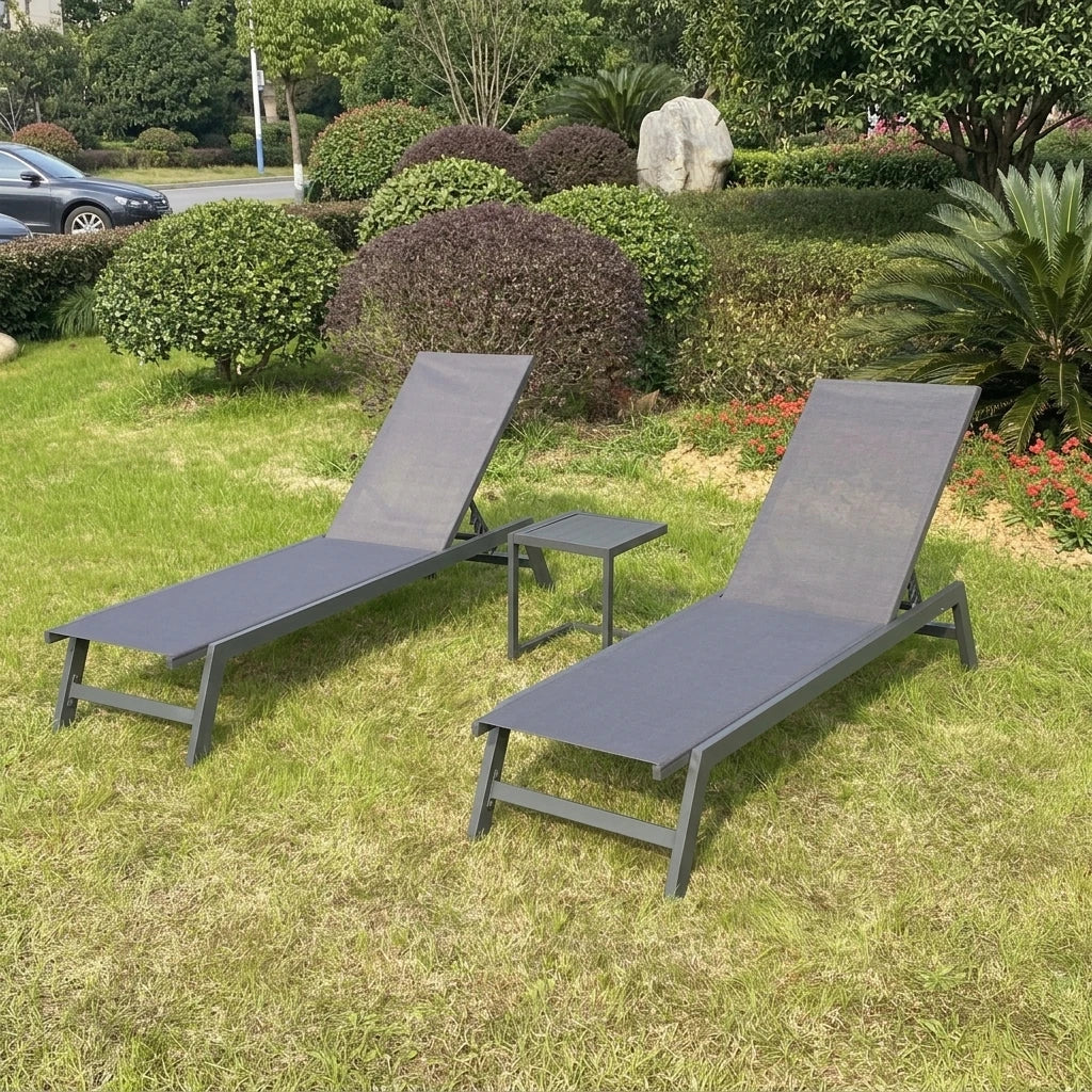 3PCS Aluminum Teslin Sun Lounger Set With Side Table Adjustable Backrest Outdoor Chaise Lounge Pool Garden Beach Hotel Sunbed